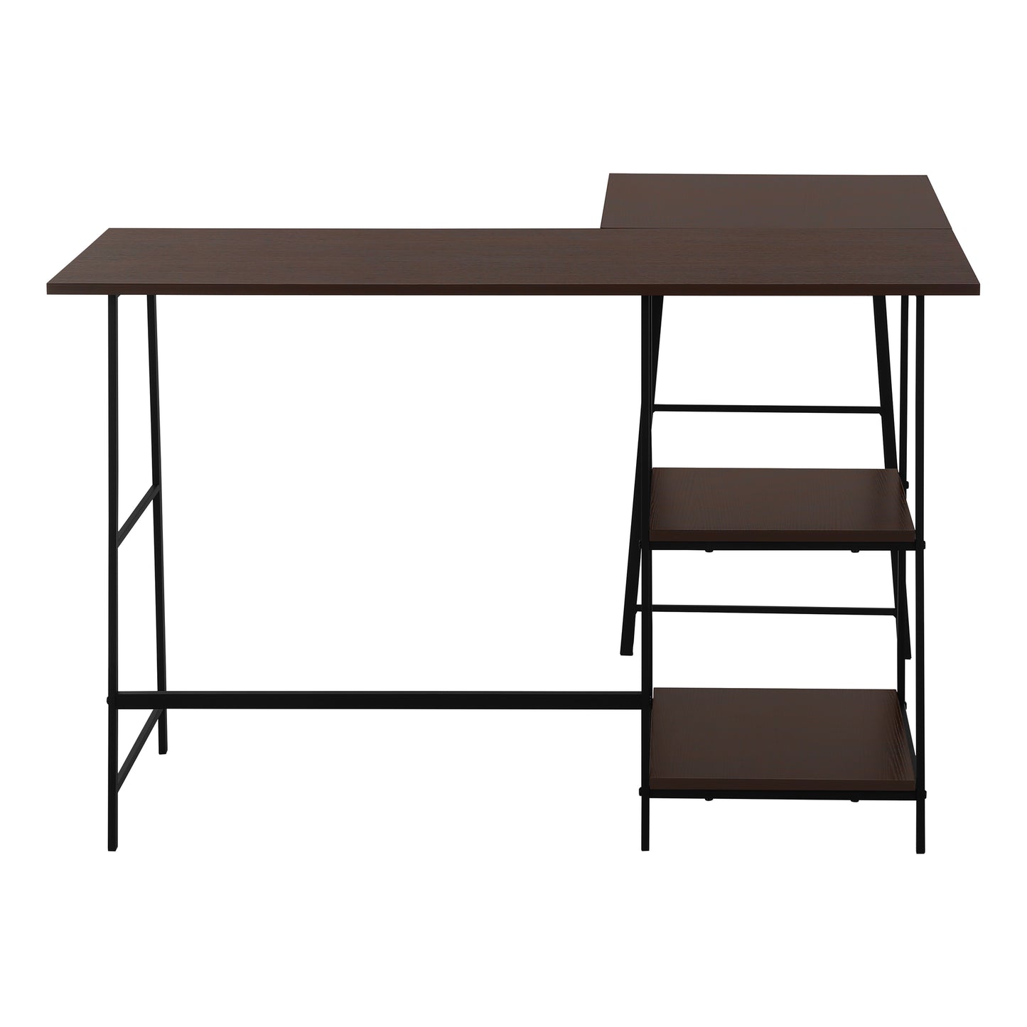 Dark wood Lshaped computer desk with black metal frame and three shelves