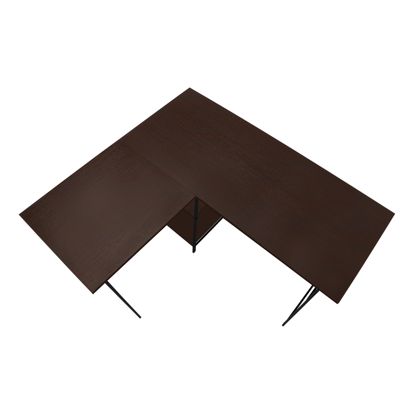 Dark brown Lshaped desk with a wood grain finish and black metal legs