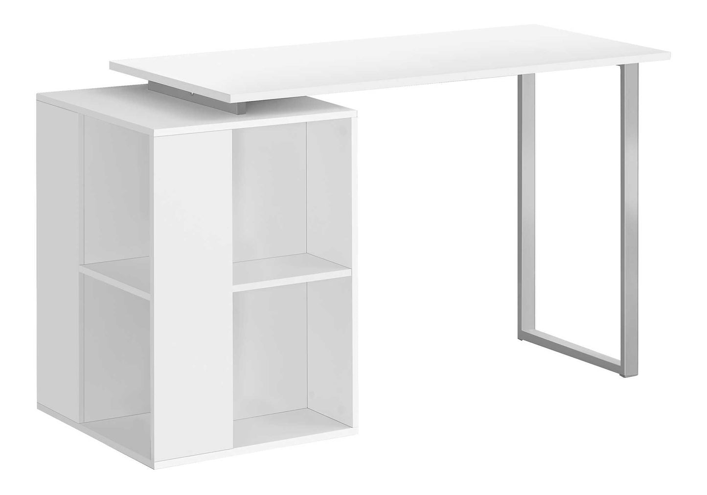 Modern white computer desk with integrated storage shelves and silver metal legs