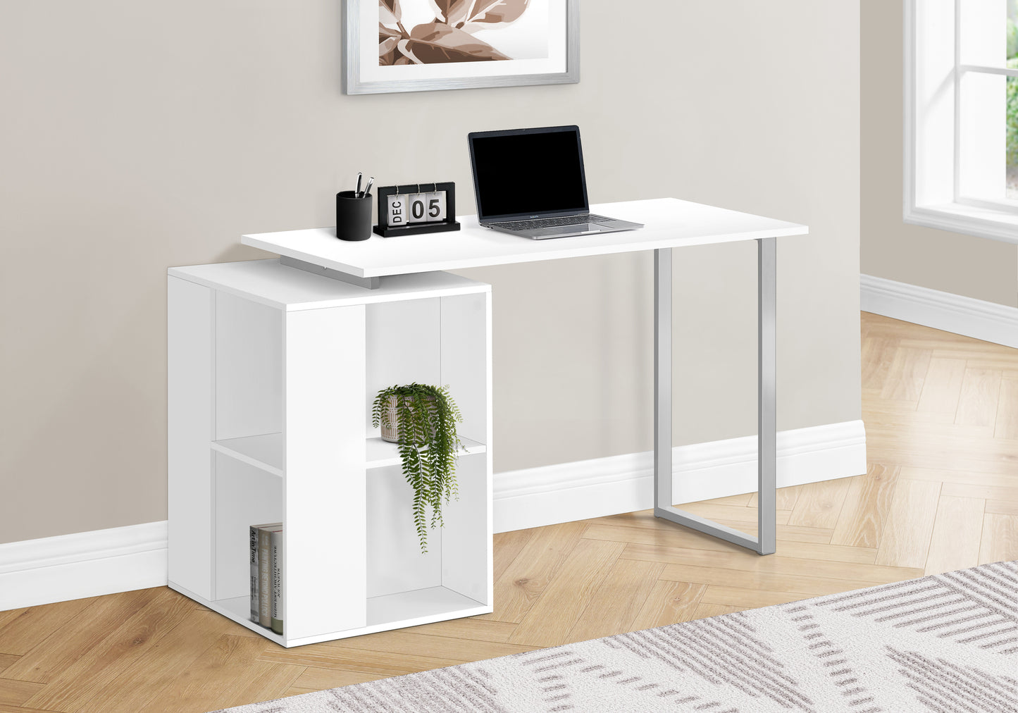 Modern white computer desk with integrated shelving unit and metal legs