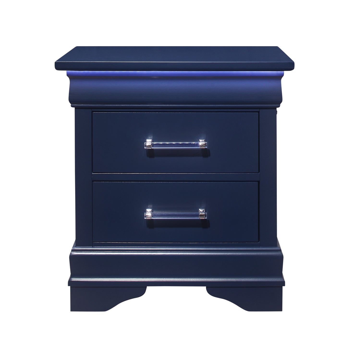 Navy blue wooden nightstand with two drawers and clear crystal handles