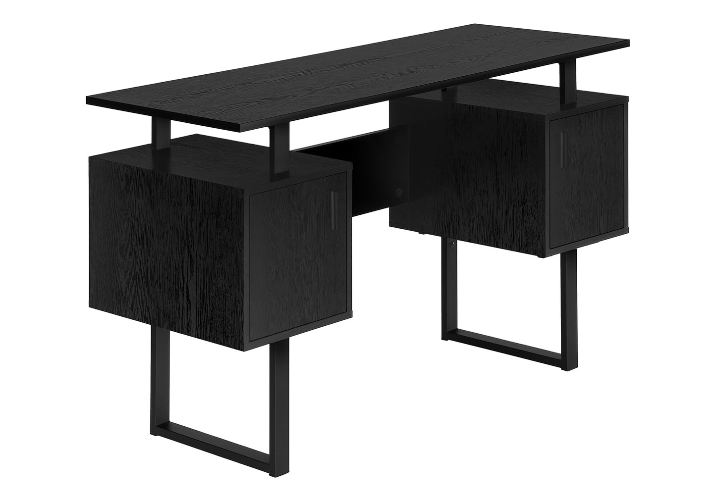 Black wood grain modern desk with floating drawers and metal legs