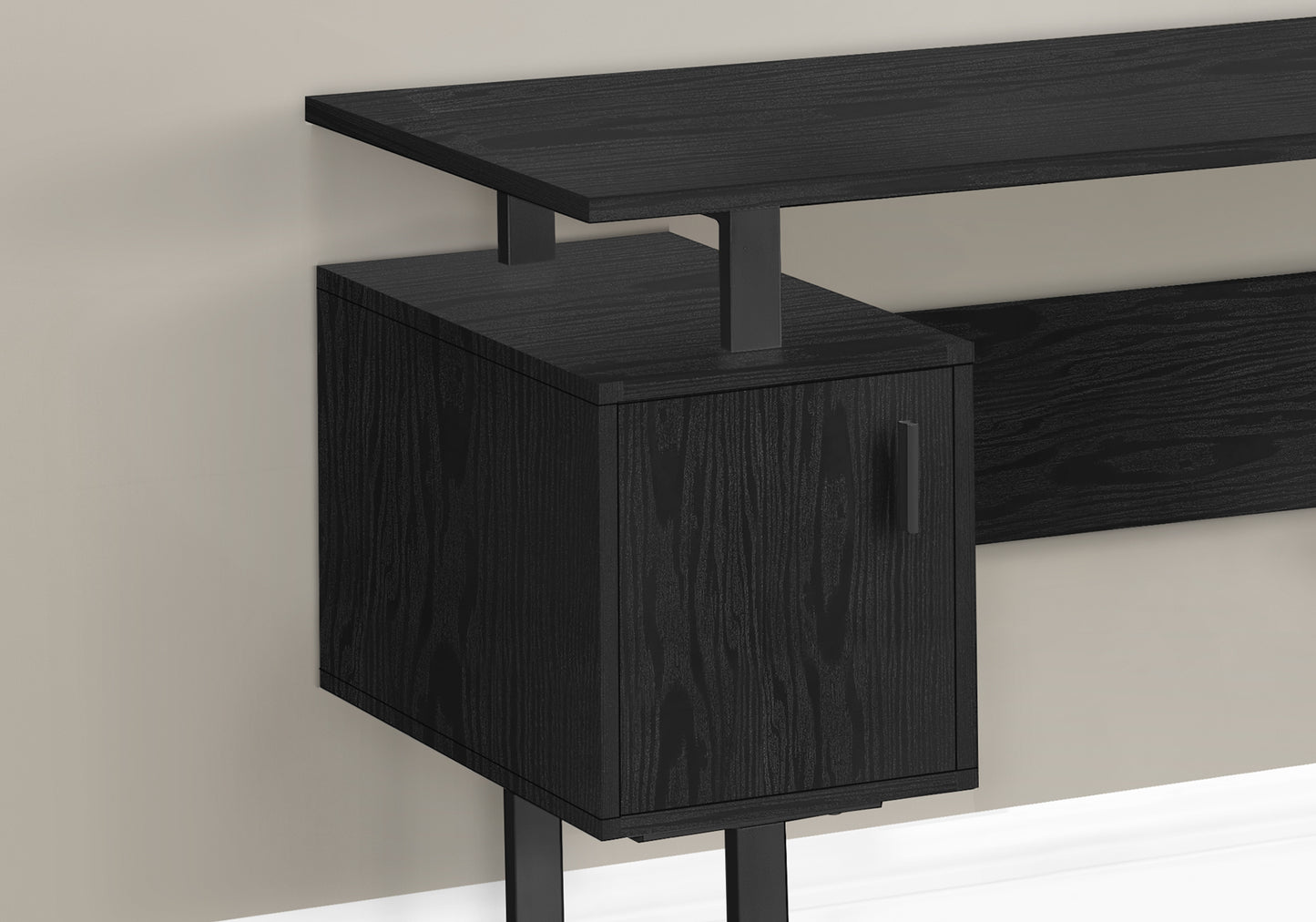 Black wood grain bedside table with modern minimalist design and integrated shelf