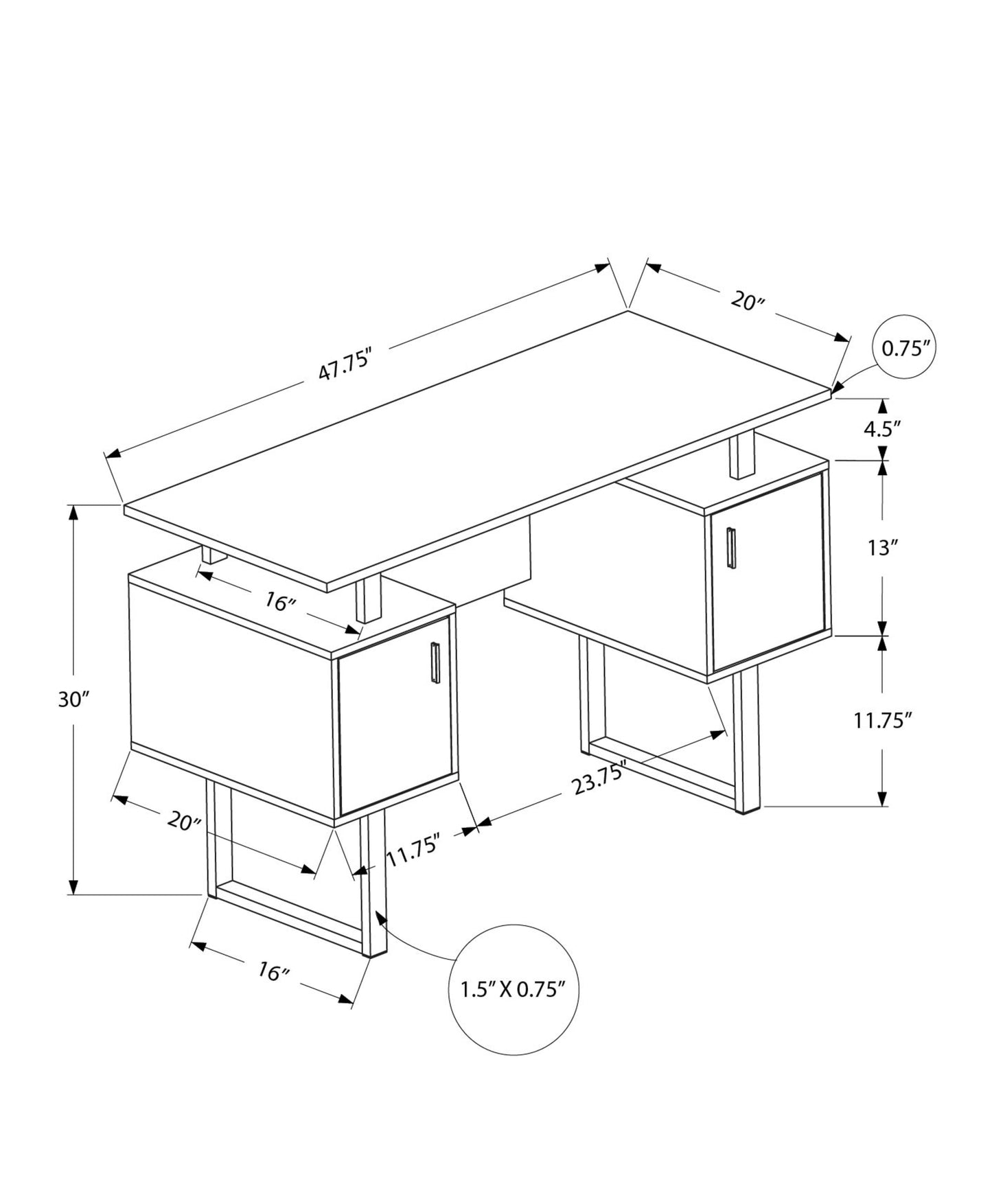 Technical drawing of a modern desk with dual drawers and metal legs showing dimensions x x
