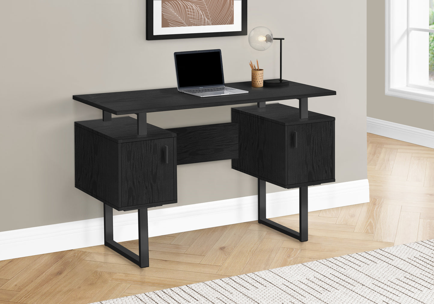 Modern black wood grain desk with two drawers and metal legs ideal for home offices
