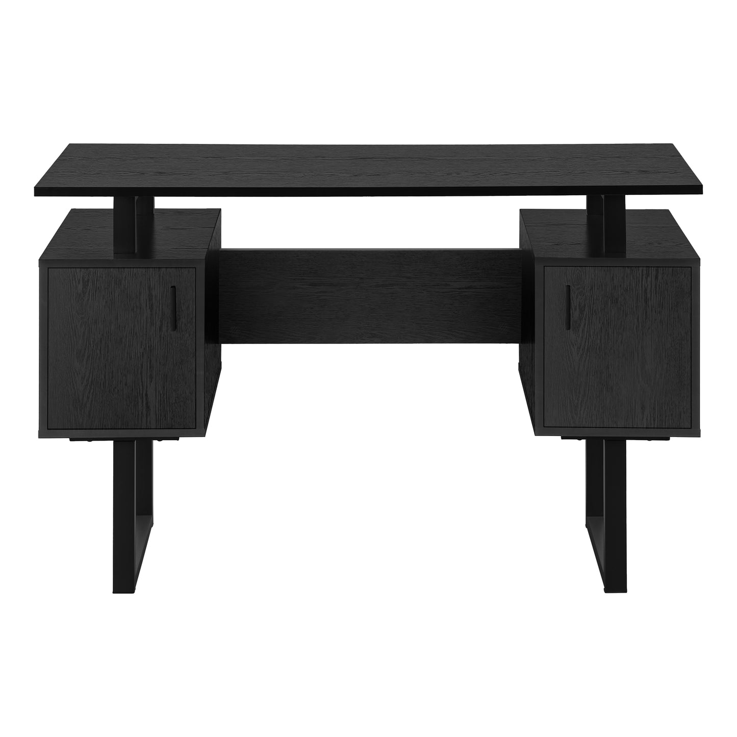 Black minimalist desk with two storage cabinets and a sleek wooden finish