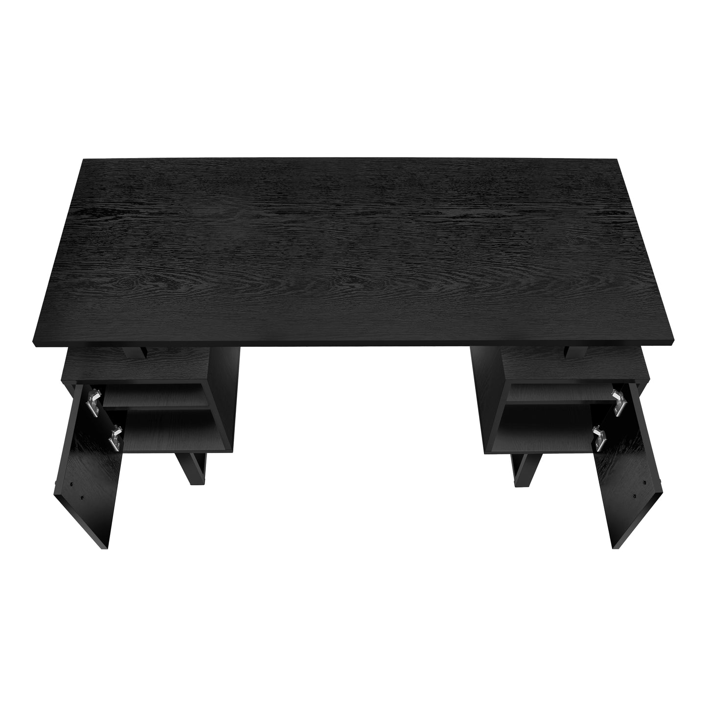 Modern black wood desk with open storage compartments and sleek hardware