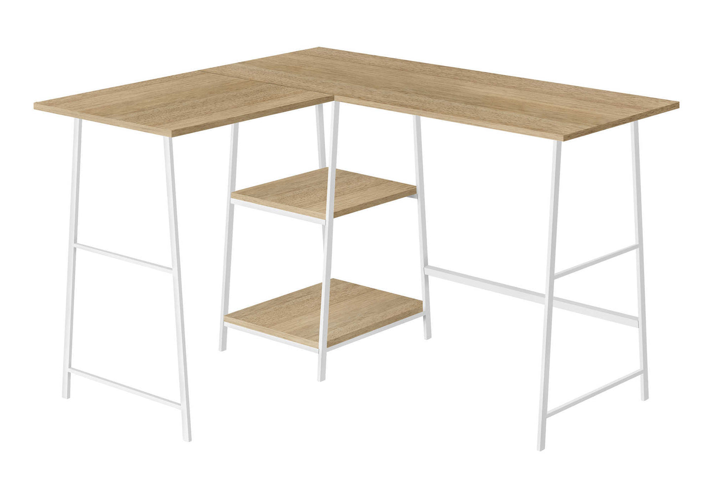 Modern light wood Lshaped desk with white metal frame and two shelves for home office use