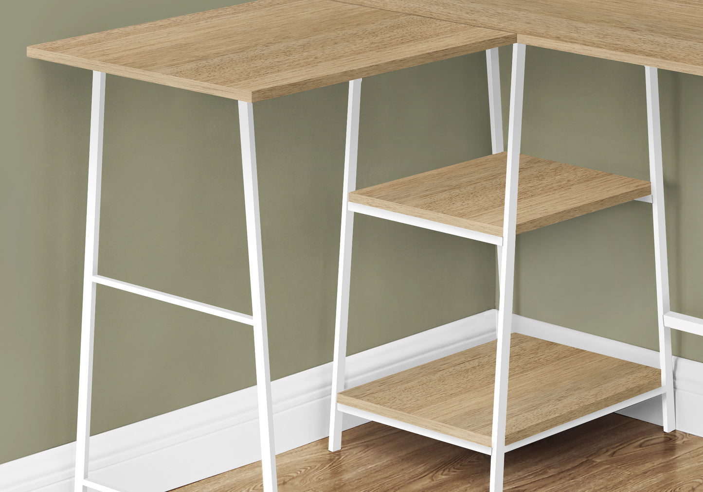 Wooden corner desk with white metal frame and two shelves