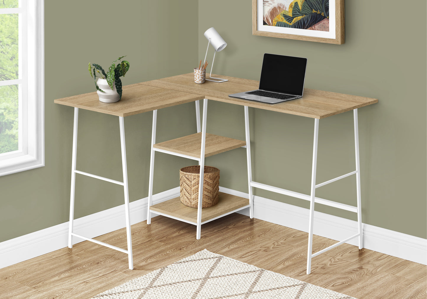 Wooden corner desk with white metal frame and integrated shelves for home office