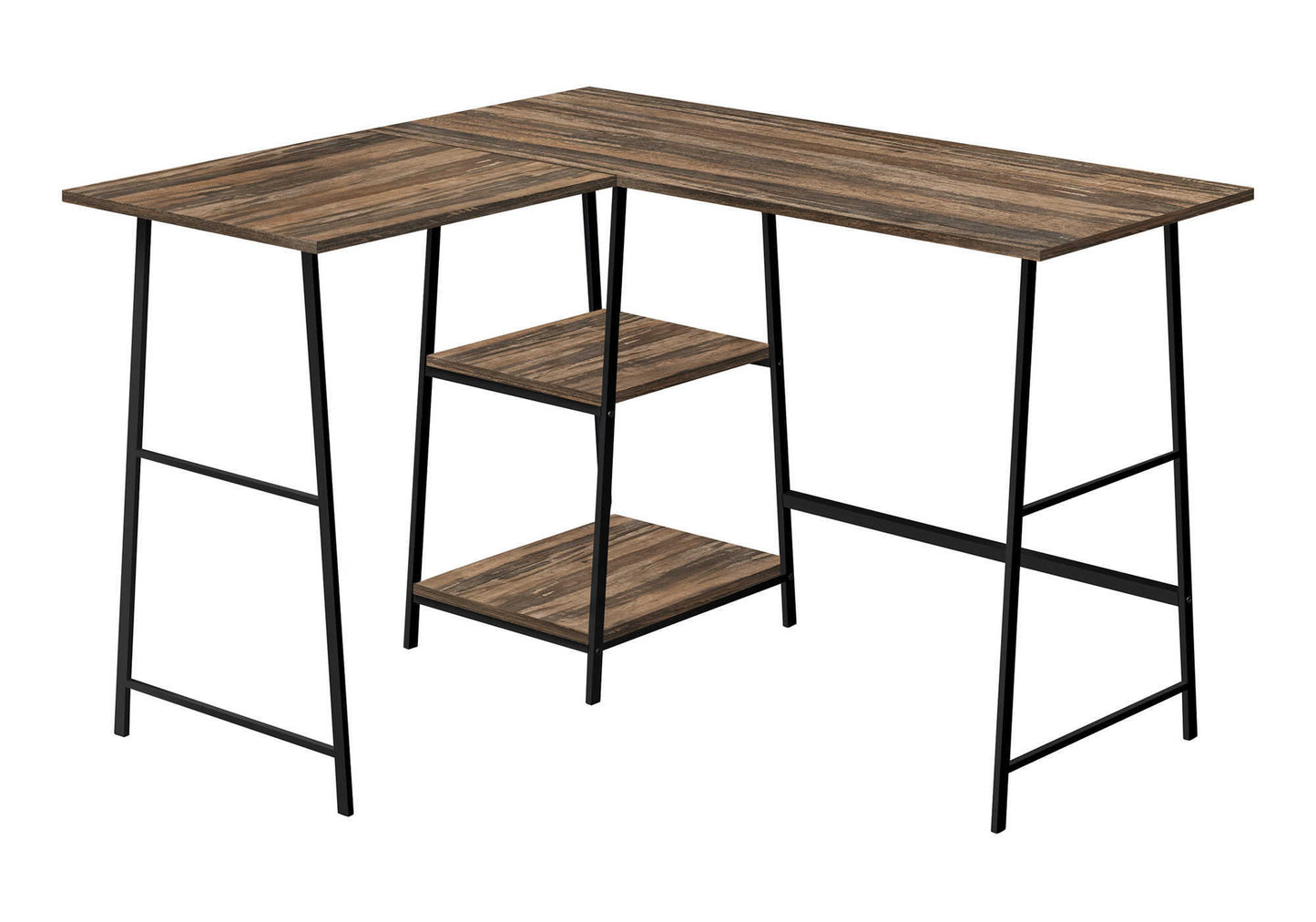 Rustic wood Lshaped desk with two builtin shelves and black metal frame