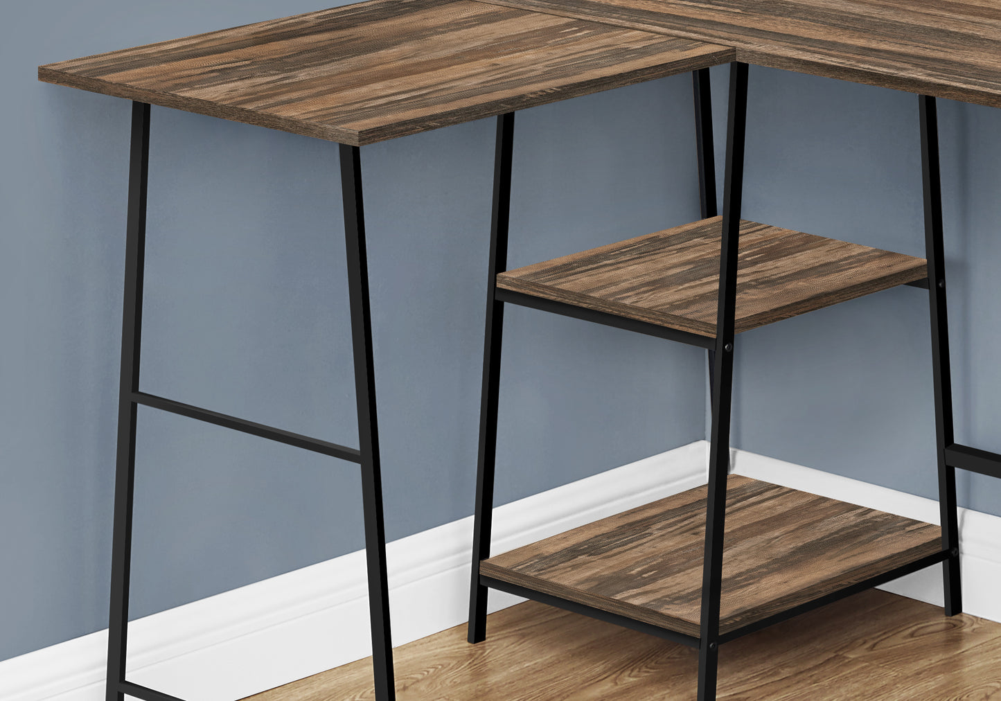 Rustic brown wood desk with black metal frame and shelving