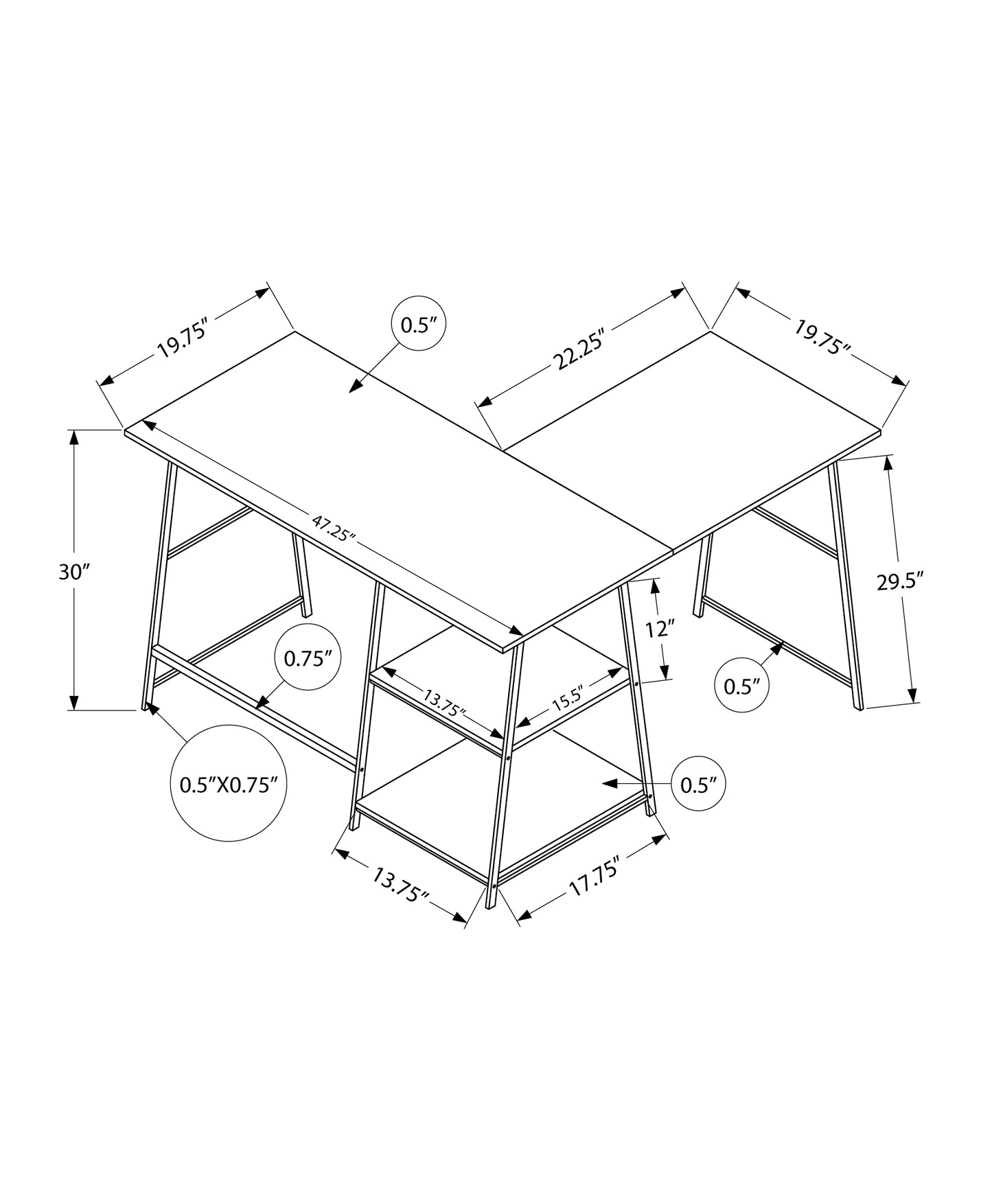 Lshaped desk with metal legs and two shelves dimensions H x W