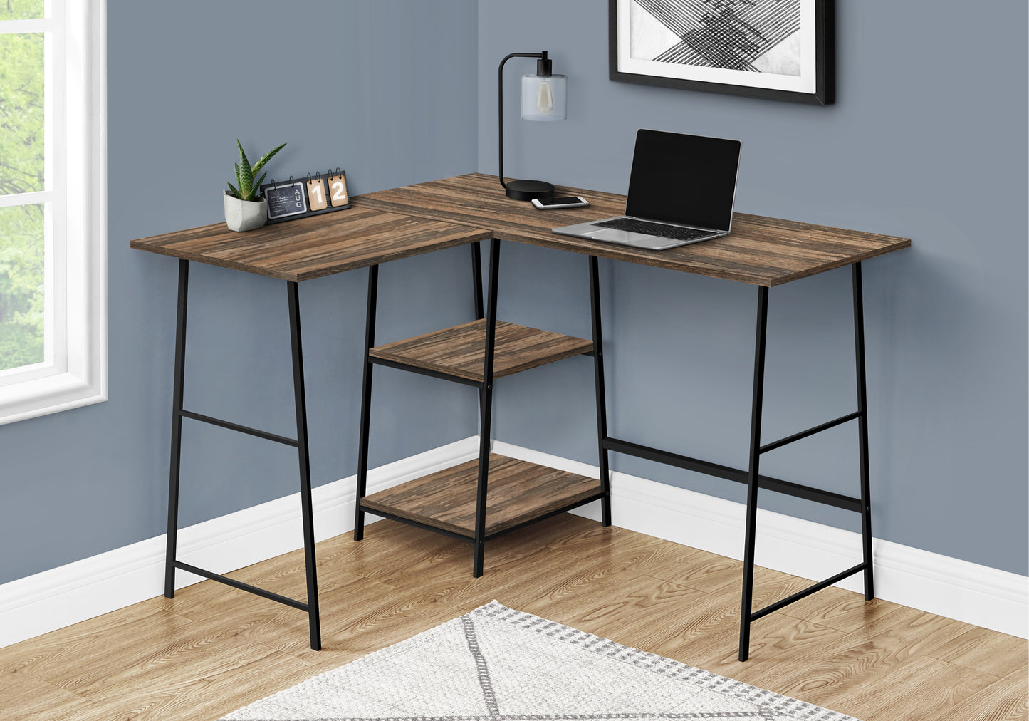 Rustic wood Lshaped desk with black metal legs and builtin shelves