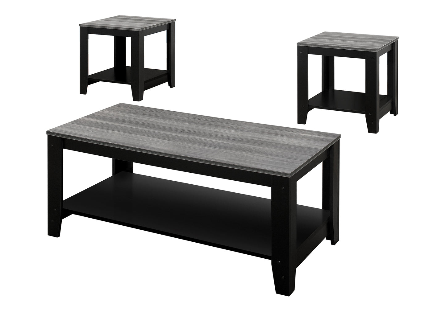 Black coffee table with gray wood grain top and lower shelf