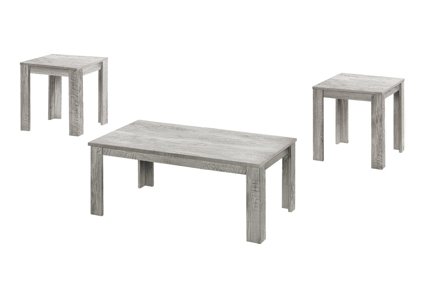 Distressed grey wood coffee table with matching square end tables