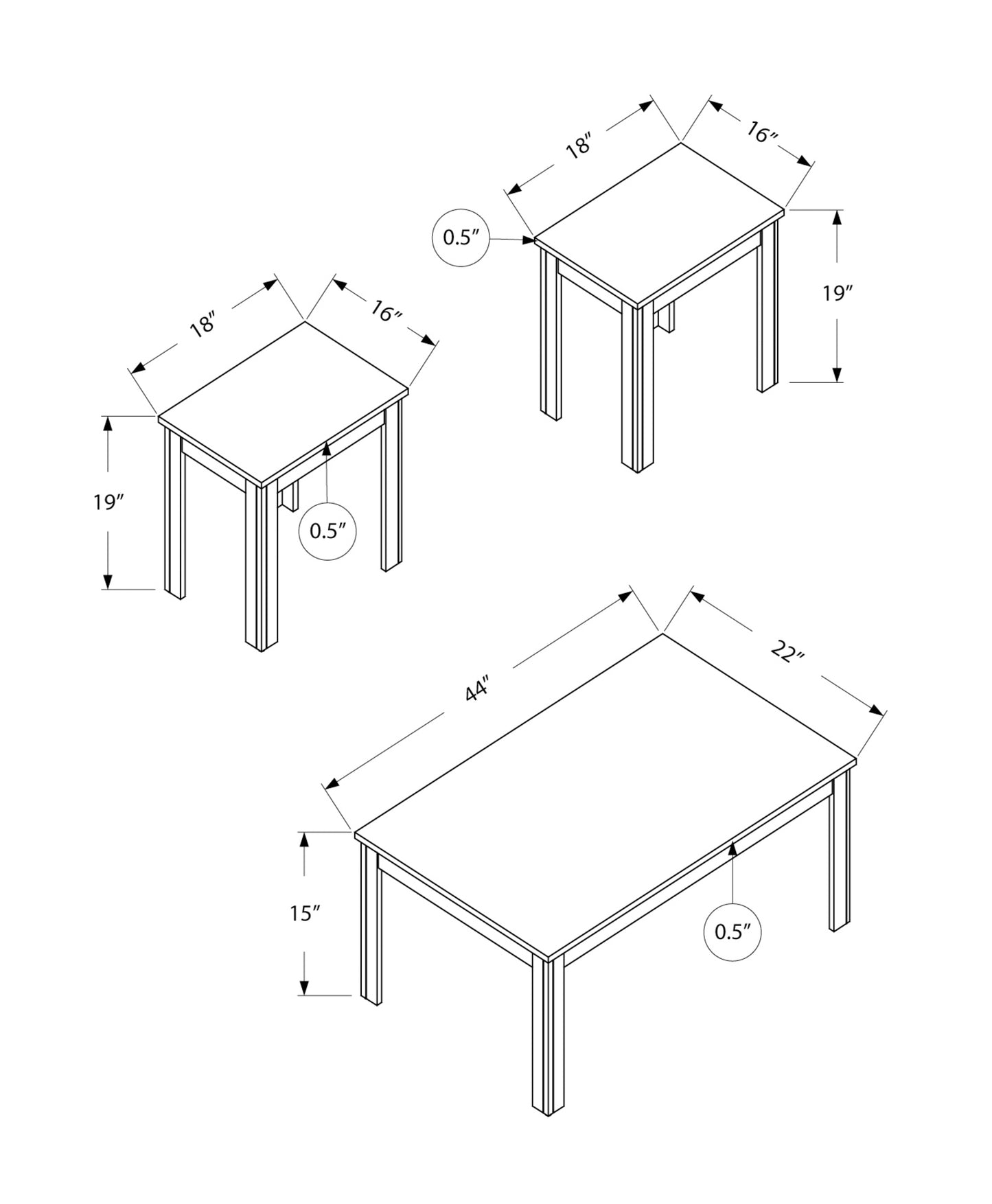 Set of three modern end tables with dimensions xx inches and xx inches