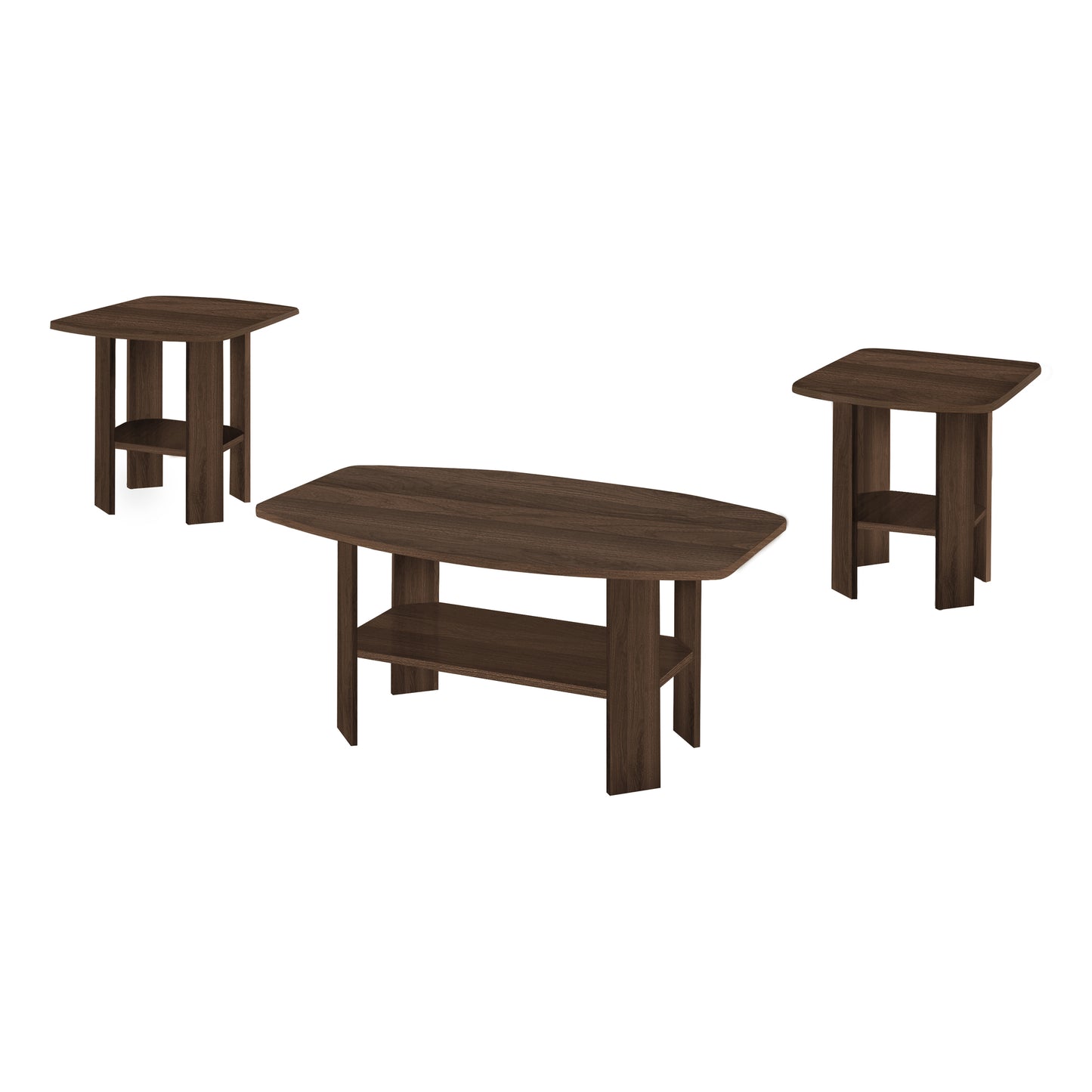 Dark walnut modern coffee table with two matching end tables