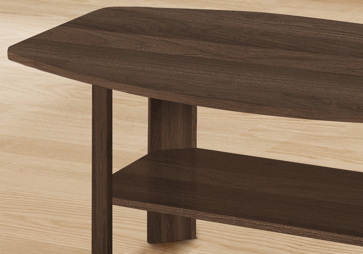 Dark brown wood tv stand with two shelves and a sleek modern design