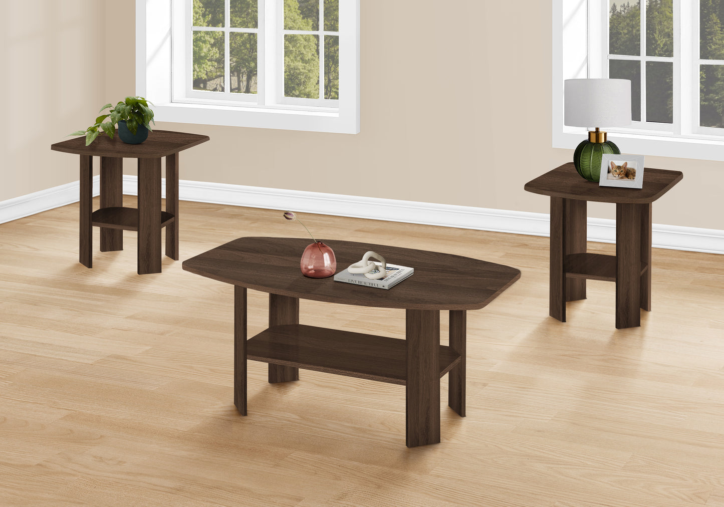 Dark brown wooden coffee table with a lower shelf measuring W x D