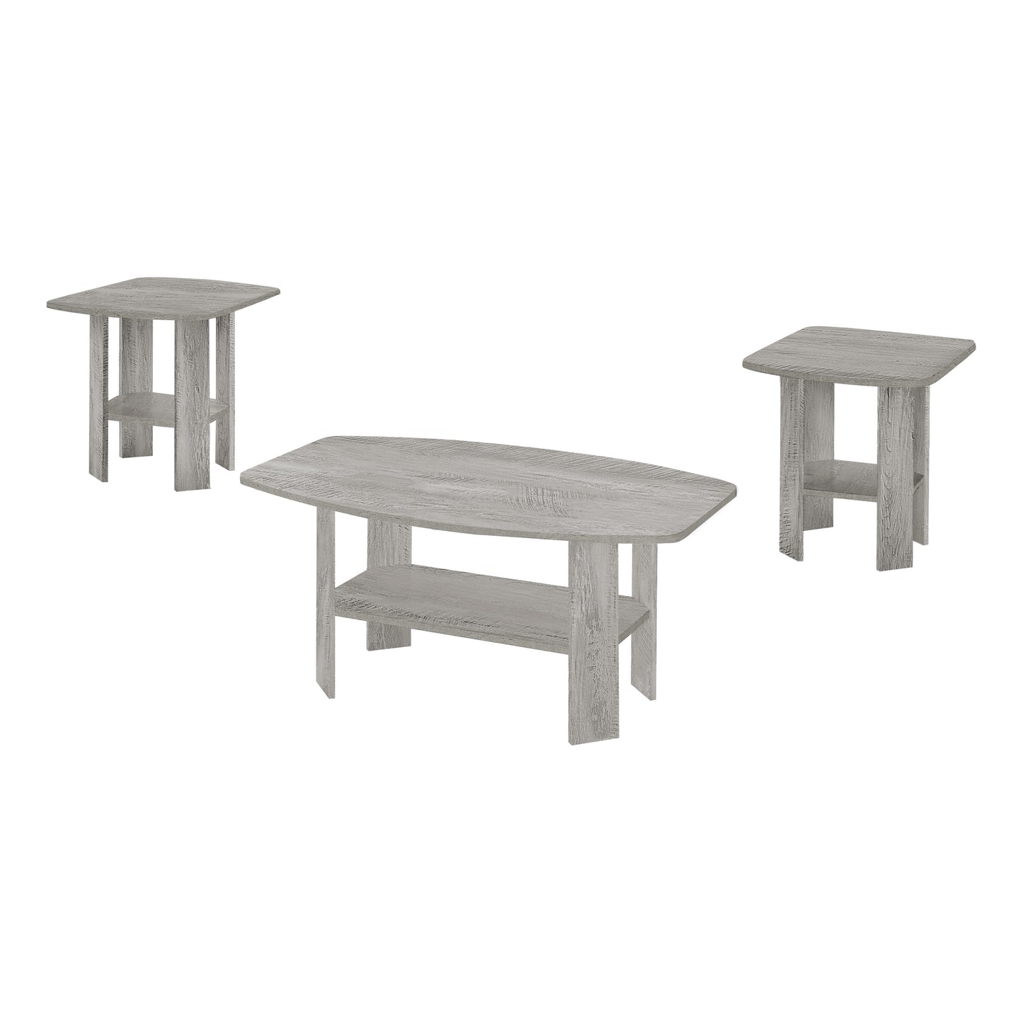 Modern grey wood grain oval coffee table with two matching end tables