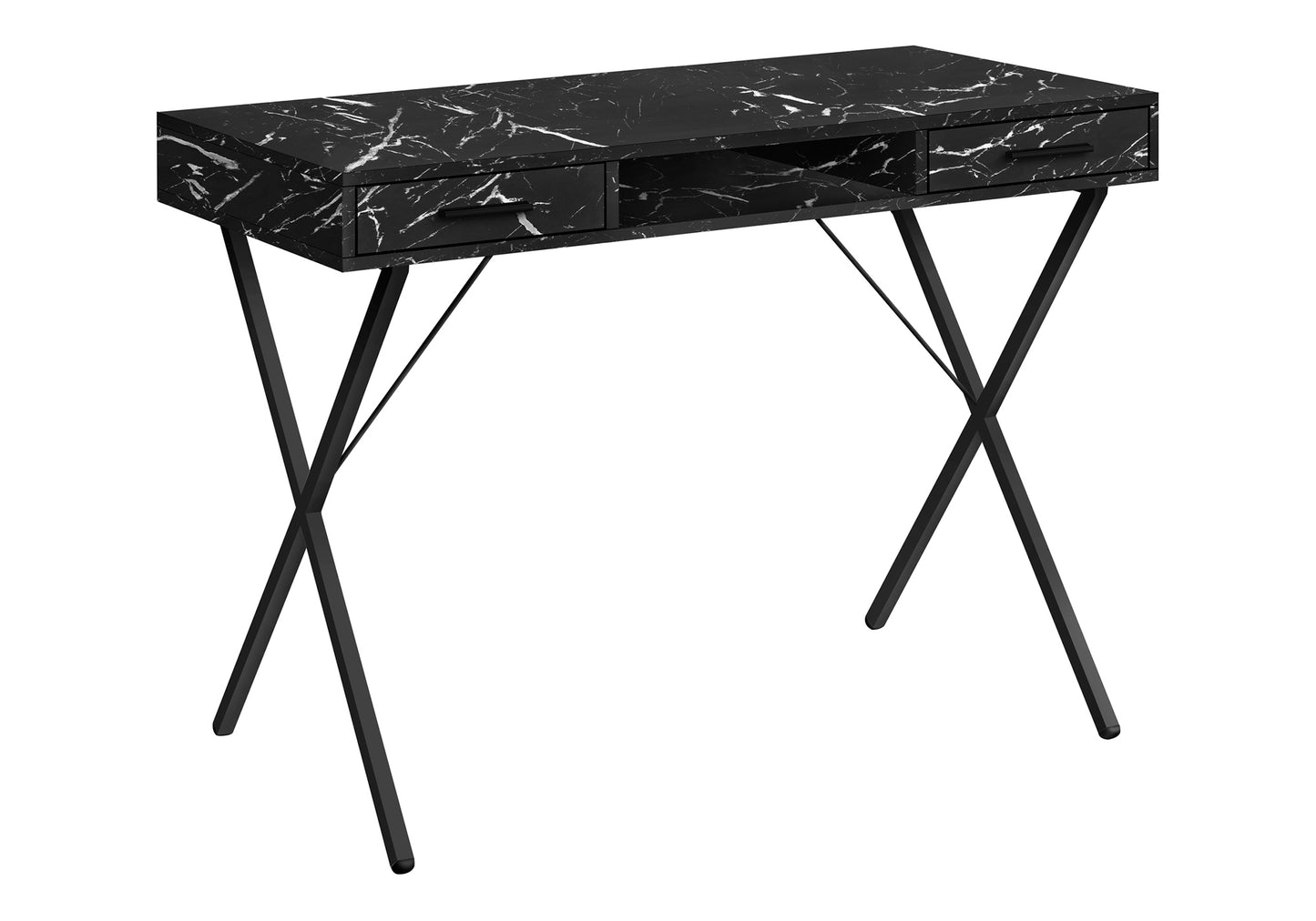Black marble effect console table with two drawers and black metal Xframe legs