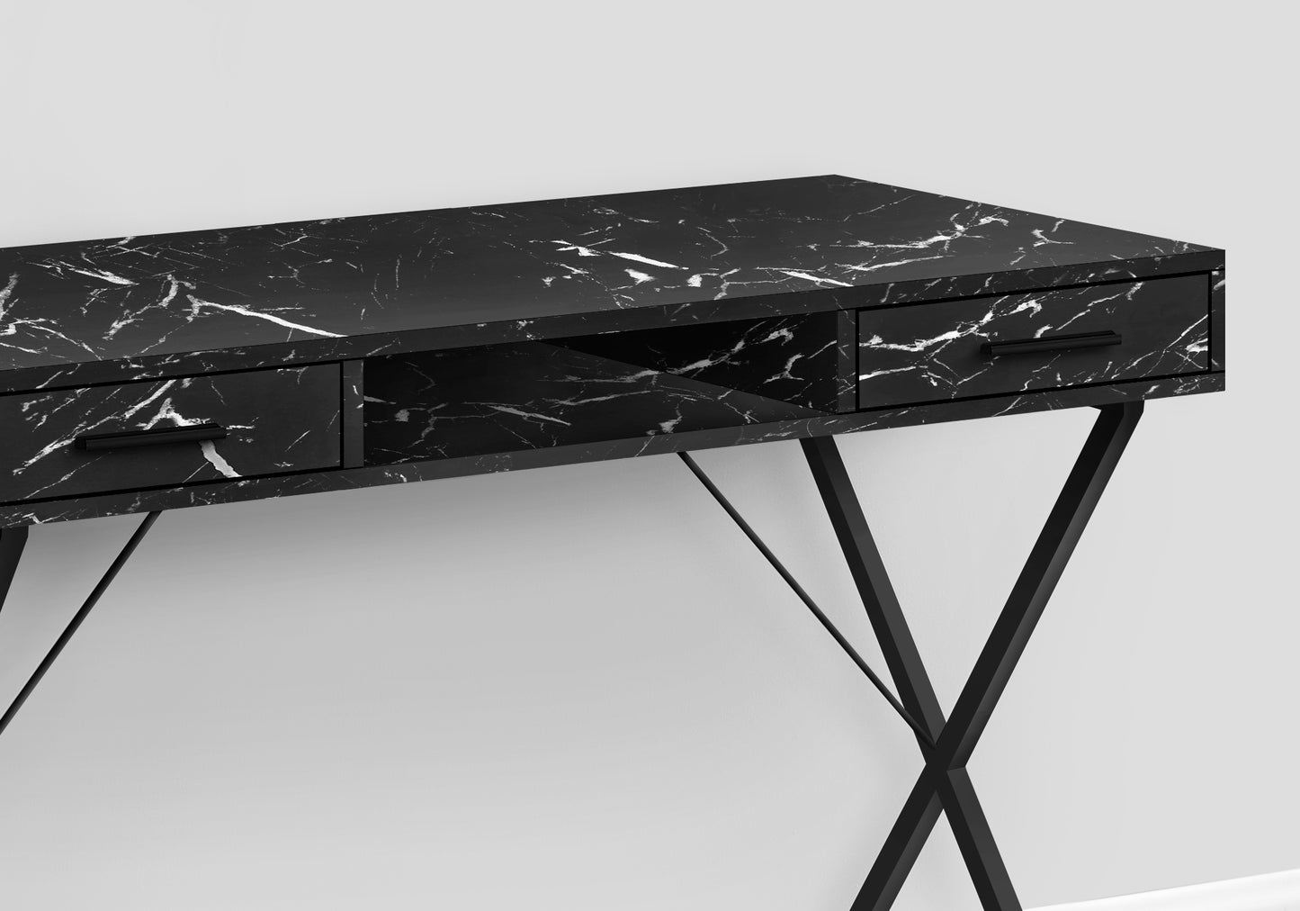 Black marble effect console table with Xshaped metal legs and two drawers