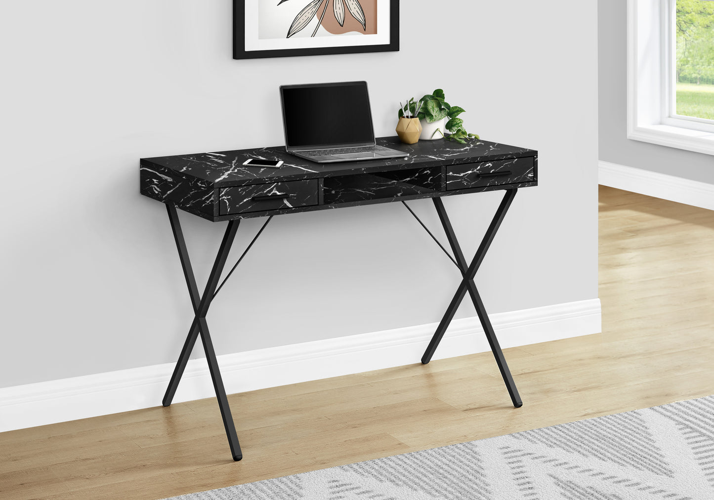 Black marble modern writing desk with two drawers and Xframe legs