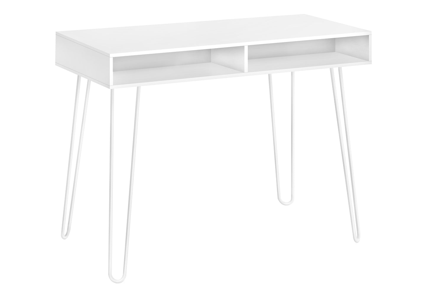 White minimalist desk with two open shelving compartments and hairpin legs