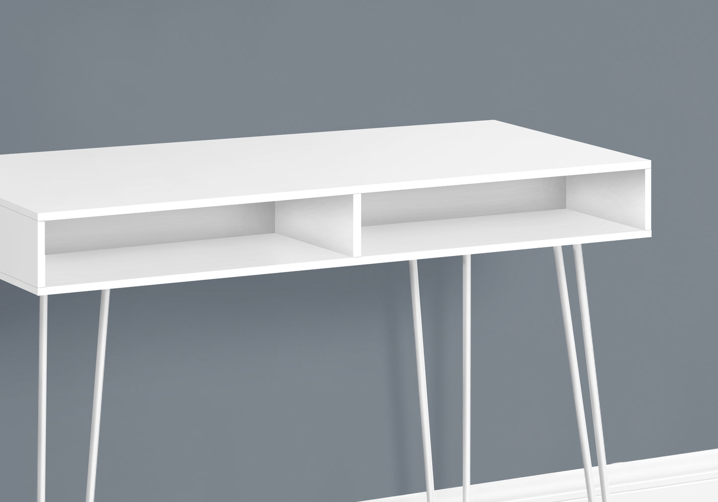 Modern white console table with two open shelves and slender metal legs