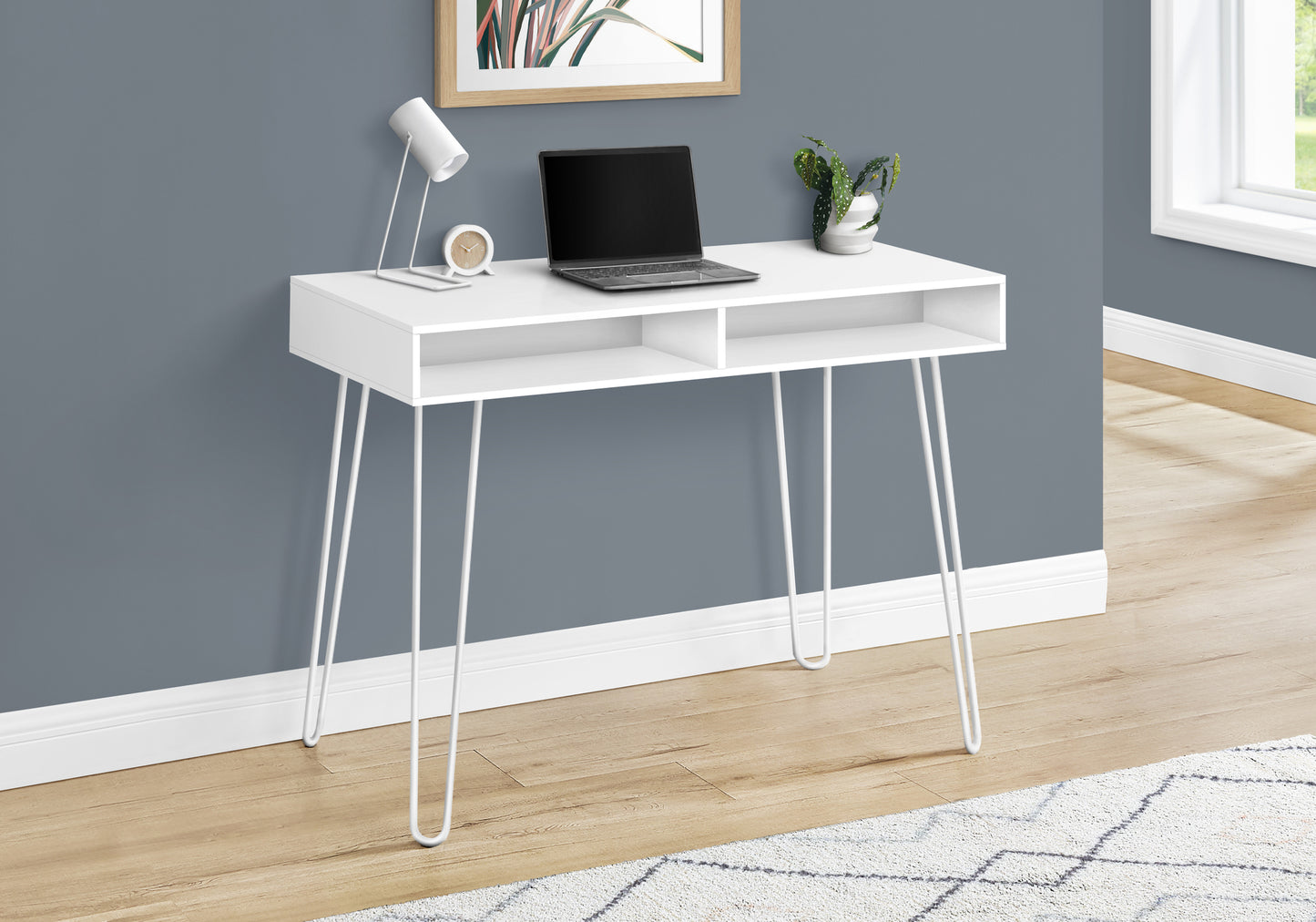 White modern desk with open shelving and hairpin legs for a stylish workspace