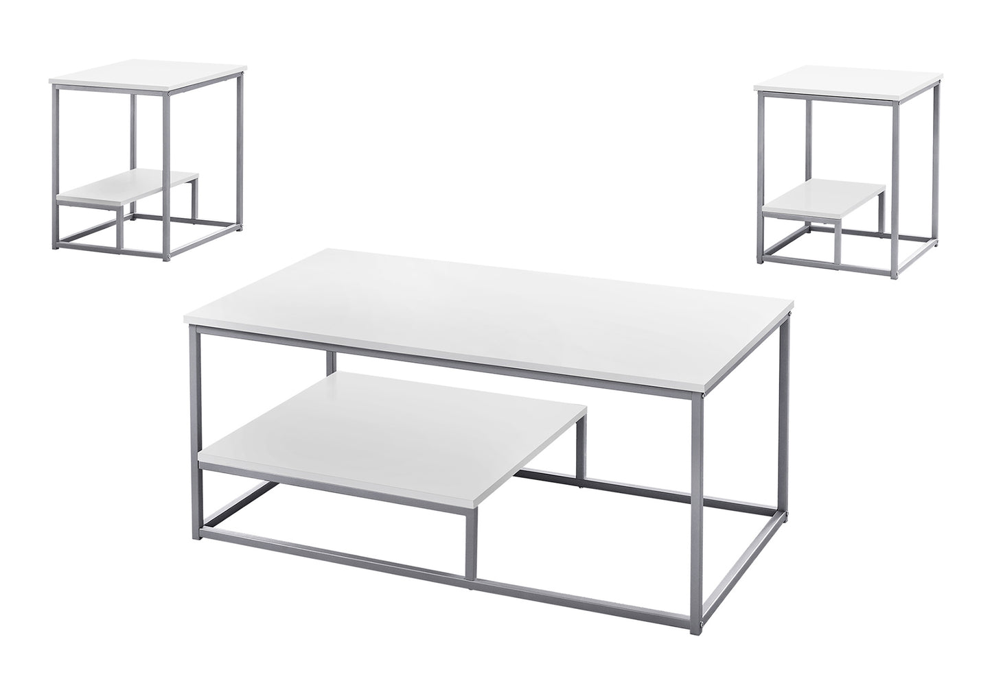 Modern white coffee table with grey metal frame and lower shelf