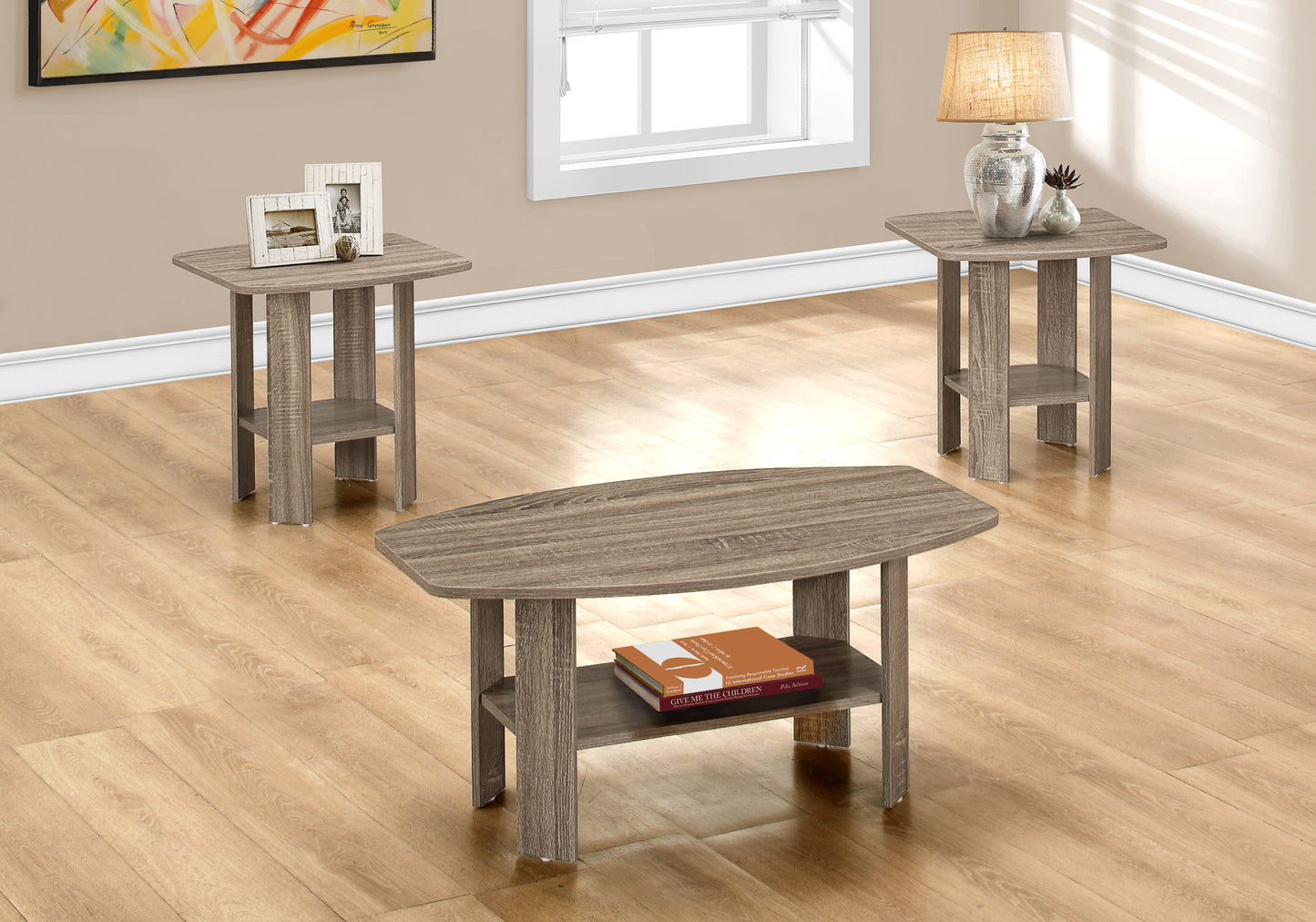 Modern gray wood grain coffee table with lower shelf