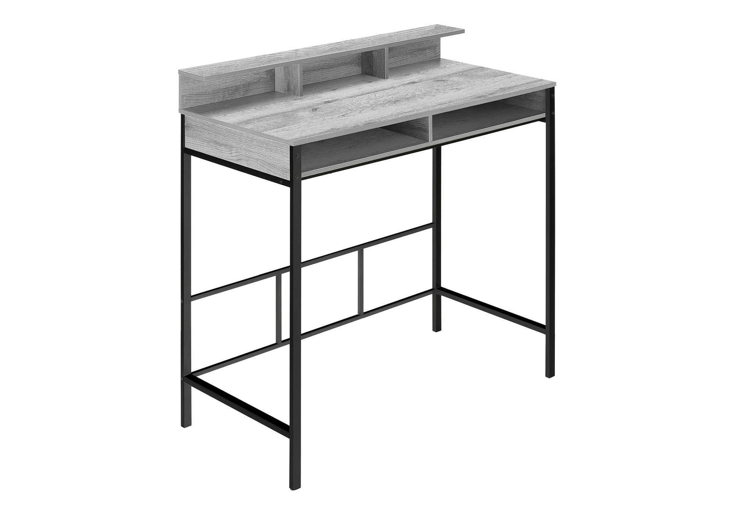 Rustic wood grain computer desk with open shelving and black metal frame