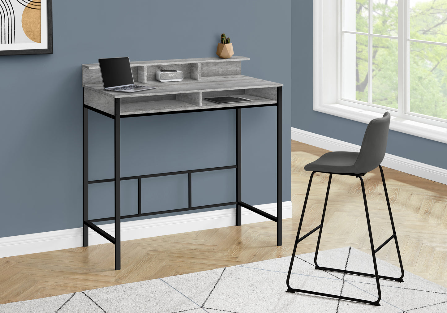 Grey wood finish computer desk with open shelves and black metal frame