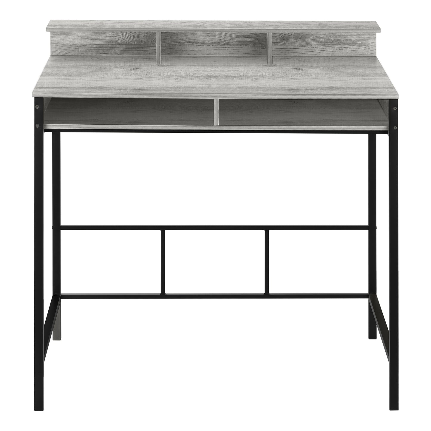 Gray wood grain computer desk with black metal frame and storage shelves