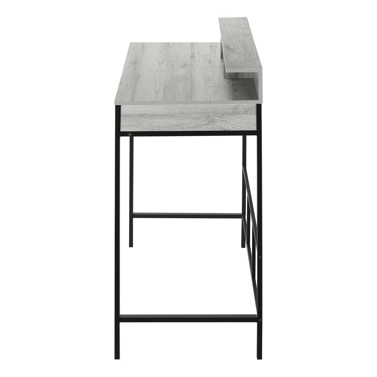 Modern gray wood grain desk with black metal frame and tiered shelf