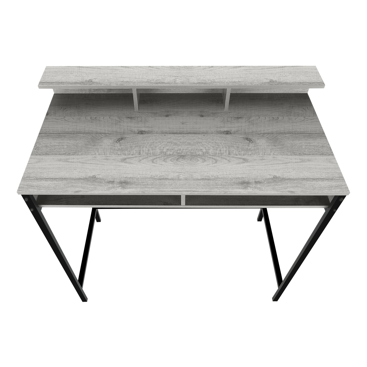 Light gray wood grain desk with black metal legs and an open shelving unit
