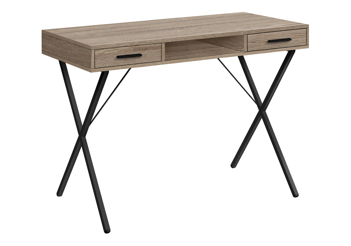 Modern oak writing desk with black metal legs and two drawers