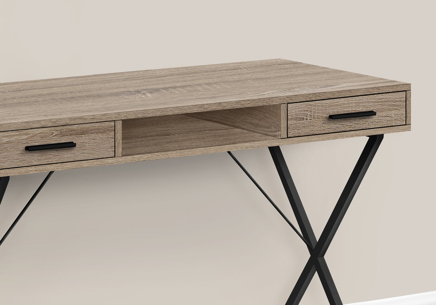 Modern wood grain desk with black metal legs and two drawers for storage