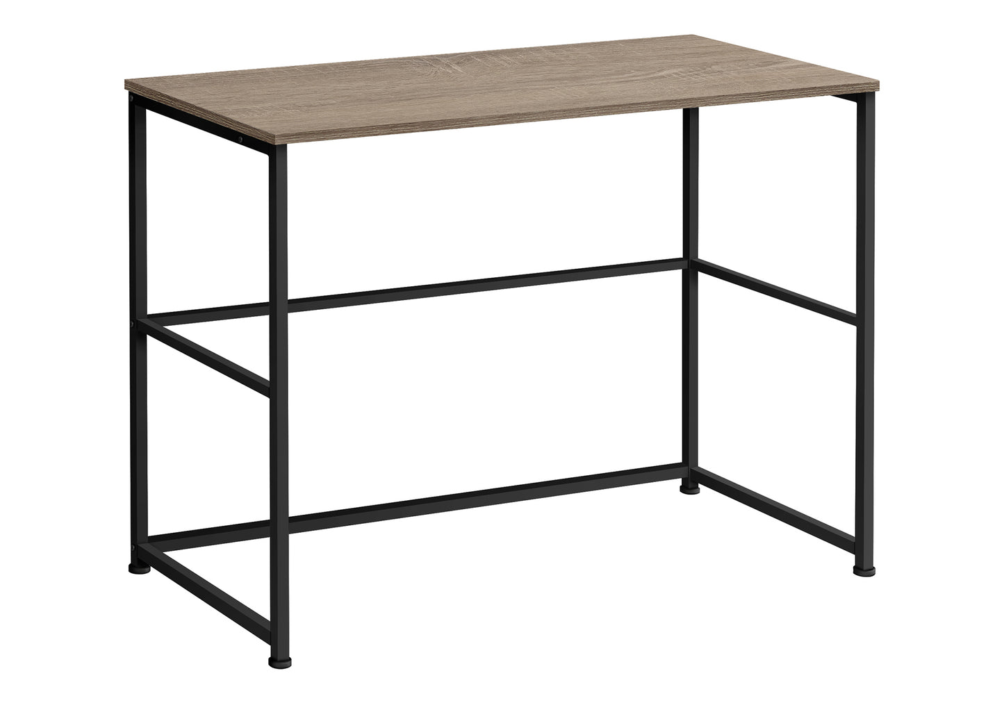 Rustic oak veneer top desk with sleek black metal frame and legs