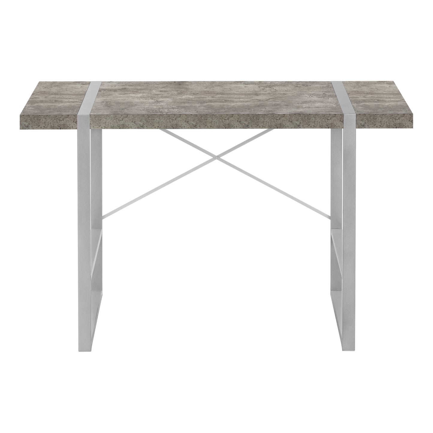 Modern grey concretelook desk with silver metal legs and crossbar support