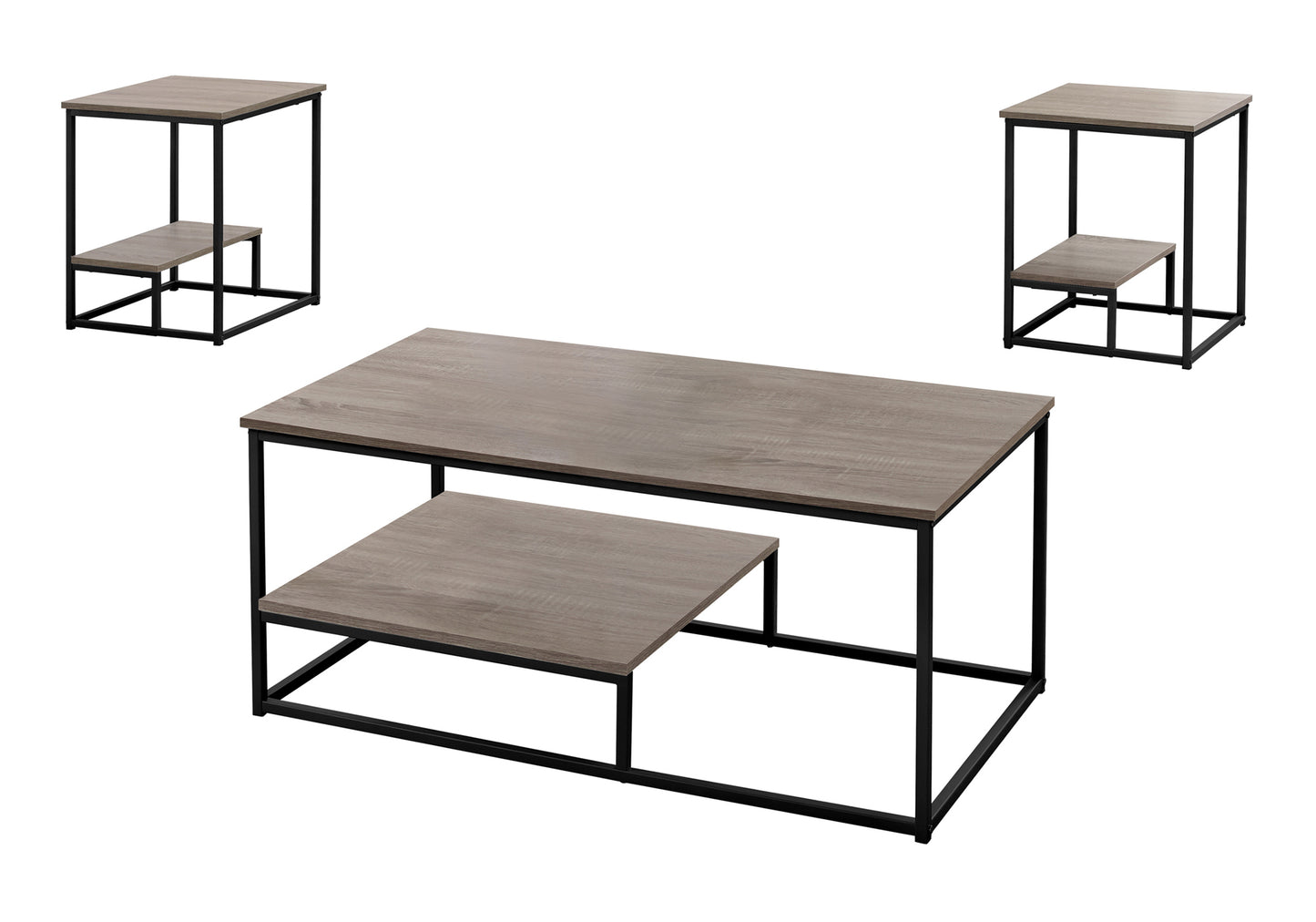 Modern grey wood coffee table with two shelves and black metal frame