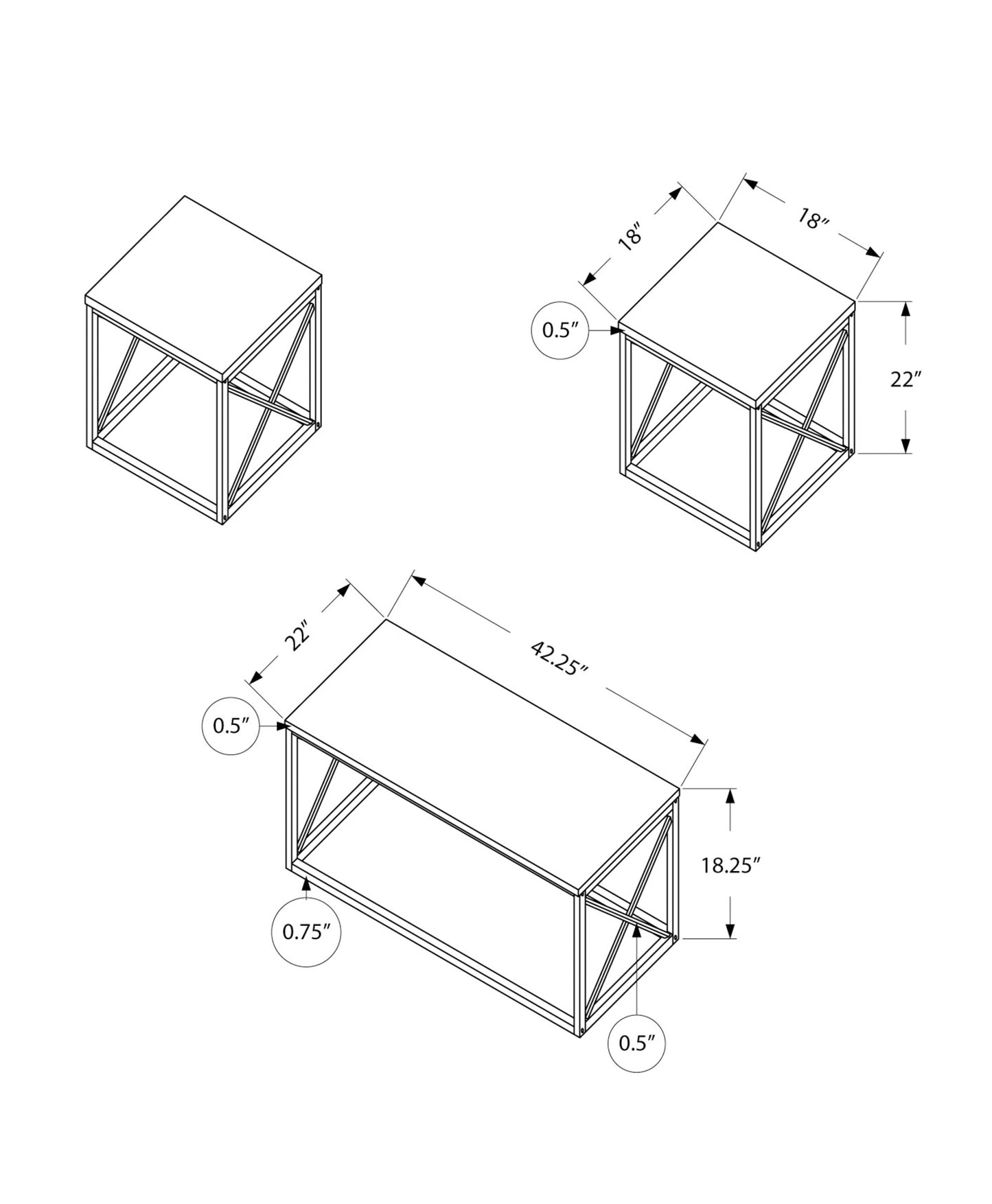 Technical drawing of modern metal frame coffee table L x W x H