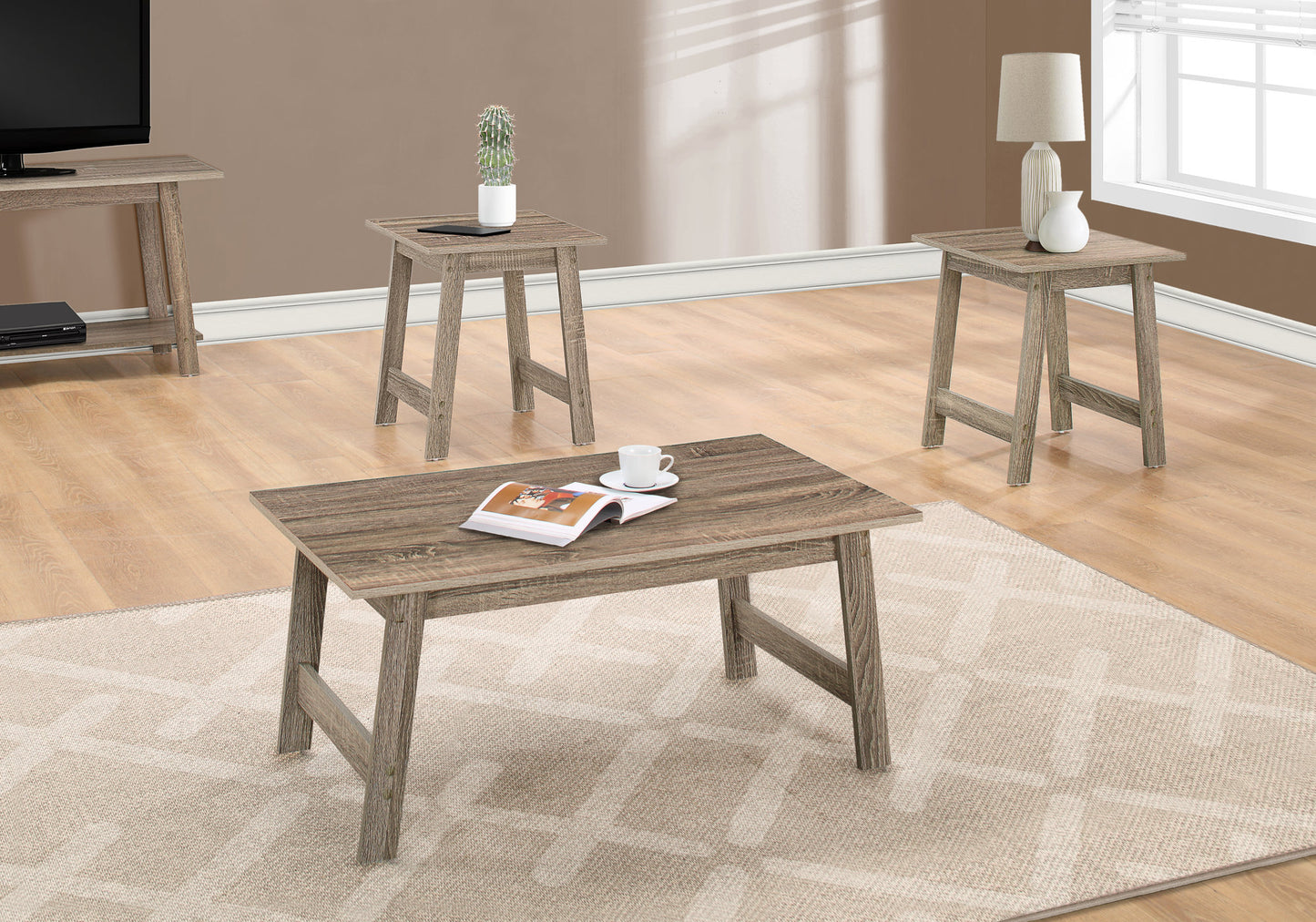 Rustic wood coffee table with magazine and coffee cup