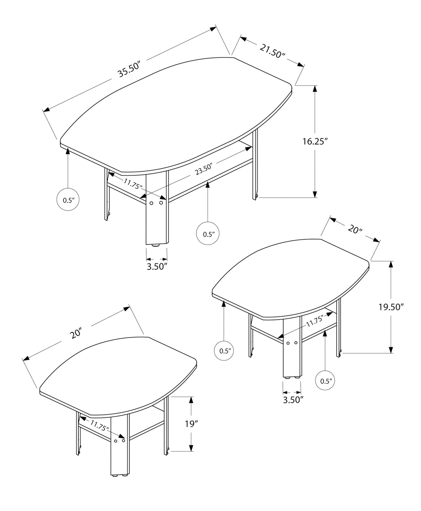 Diagram showing dimensions of a modern oval coffee table