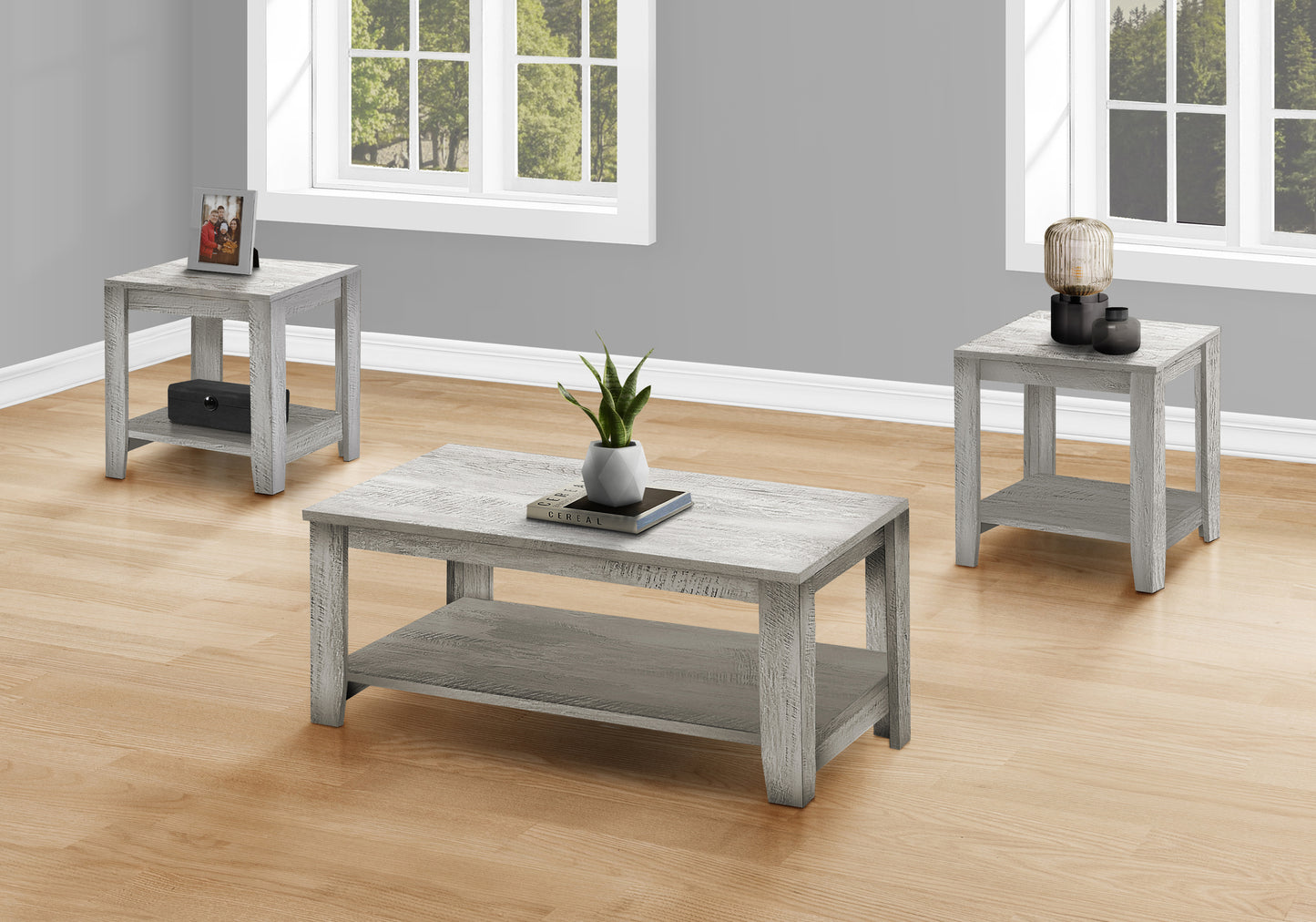 Whitewashed wood coffee table with lower shelf perfect for living rooms