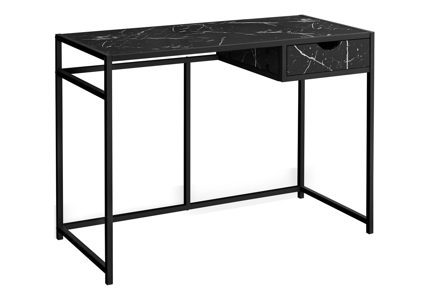 Black marble top desk with single drawer and matte black metal frame