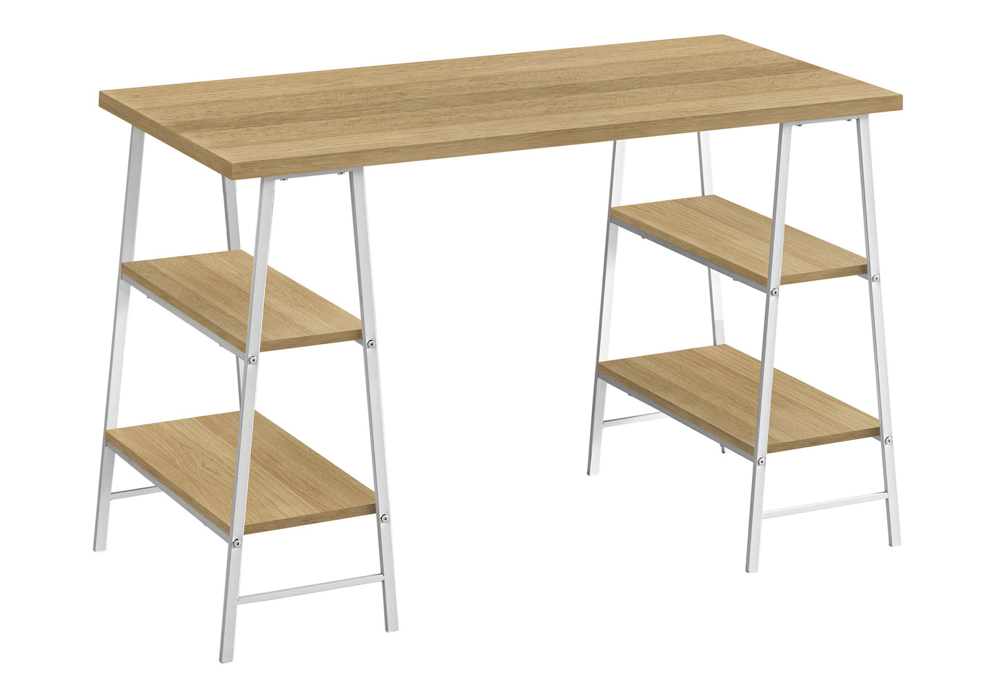 Modern oak wood computer desk with white metal frame and open shelving