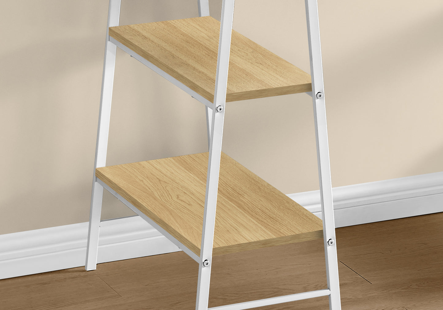 White metal leaning shelf with natural wood grain shelves